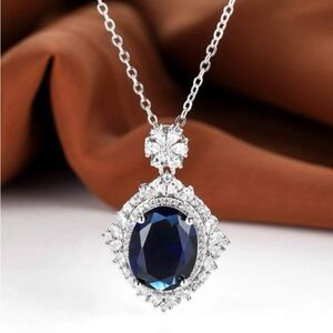 Blue Sapphire Sterling Silver Cubic Zircon Charm Necklace Gift Mom Mothers Day